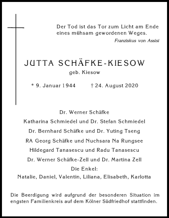 Anzeige von Jutta Schäfke-Kiesow von Kölner Stadt-Anzeiger / Kölnische Rundschau / Express