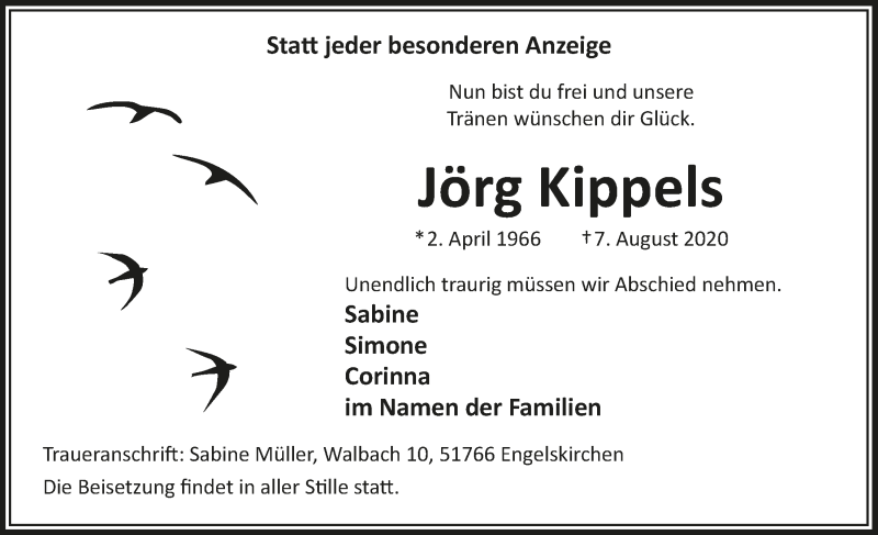  Traueranzeige für Jörg Kippels vom 14.08.2020 aus  Anzeigen Echo 