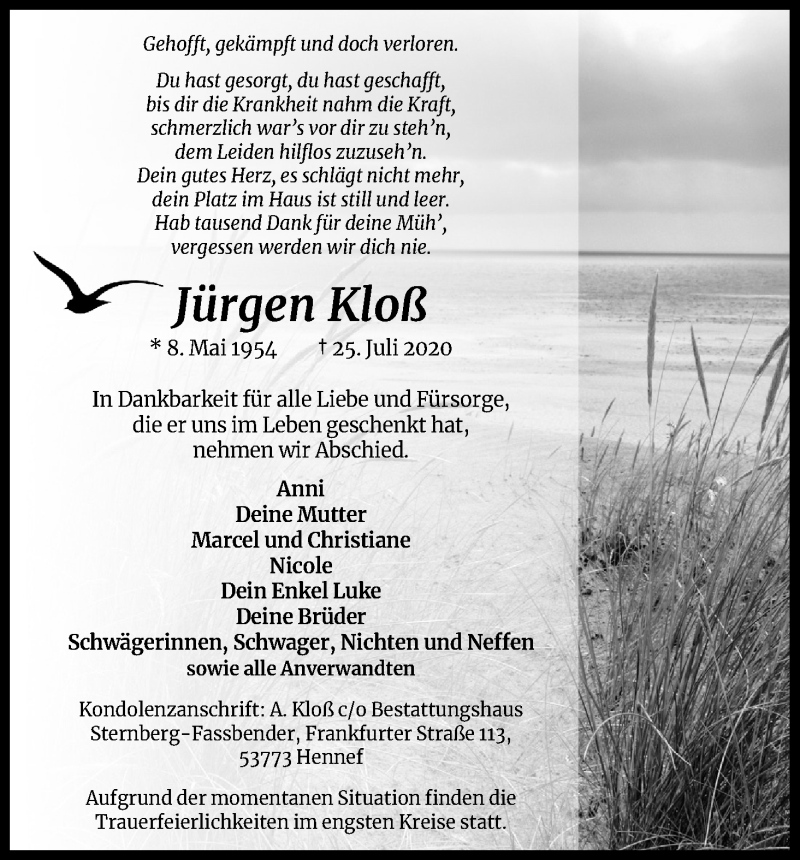  Traueranzeige für Jürgen Kloß vom 01.08.2020 aus Kölner Stadt-Anzeiger / Kölnische Rundschau / Express