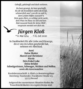 Anzeige von Jürgen Kloß von Kölner Stadt-Anzeiger / Kölnische Rundschau / Express