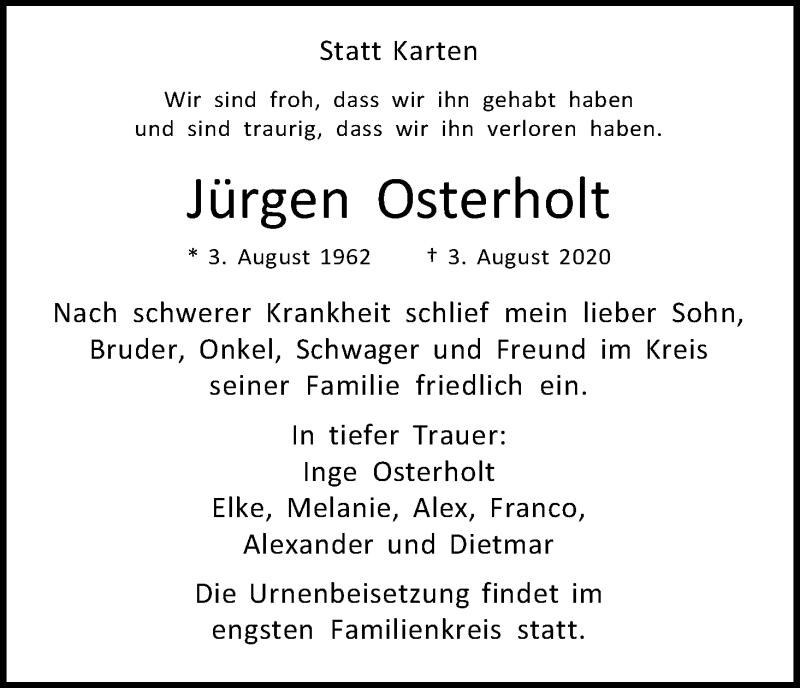  Traueranzeige für Jürgen Osterholt vom 08.08.2020 aus Kölner Stadt-Anzeiger / Kölnische Rundschau / Express