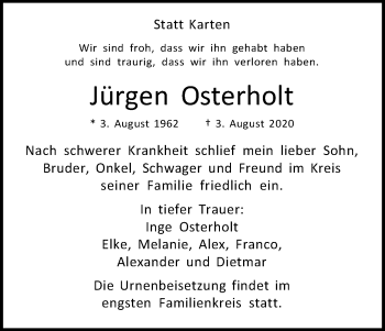 Anzeige von Jürgen Osterholt von Kölner Stadt-Anzeiger / Kölnische Rundschau / Express