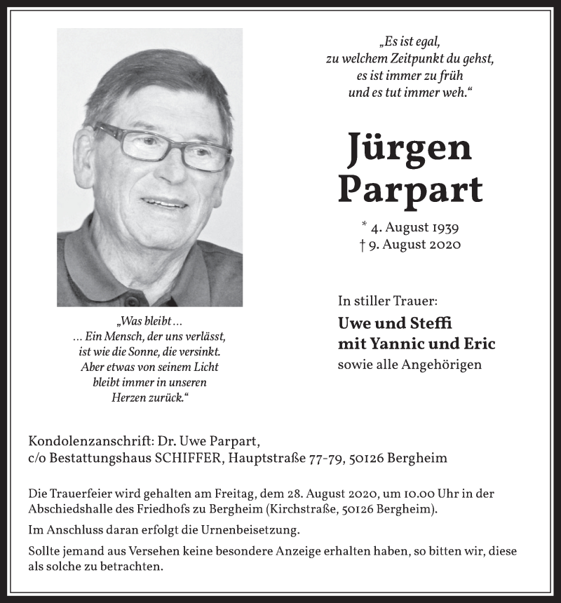  Traueranzeige für Jürgen Parpart vom 21.08.2020 aus  Werbepost 