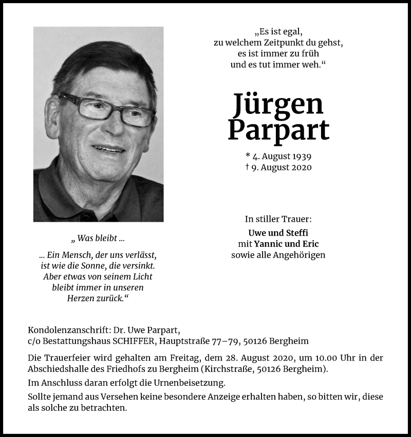  Traueranzeige für Jürgen Parpart vom 22.08.2020 aus Kölner Stadt-Anzeiger / Kölnische Rundschau / Express