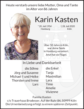Anzeige von Karin Kasten von Kölner Stadt-Anzeiger / Kölnische Rundschau / Express