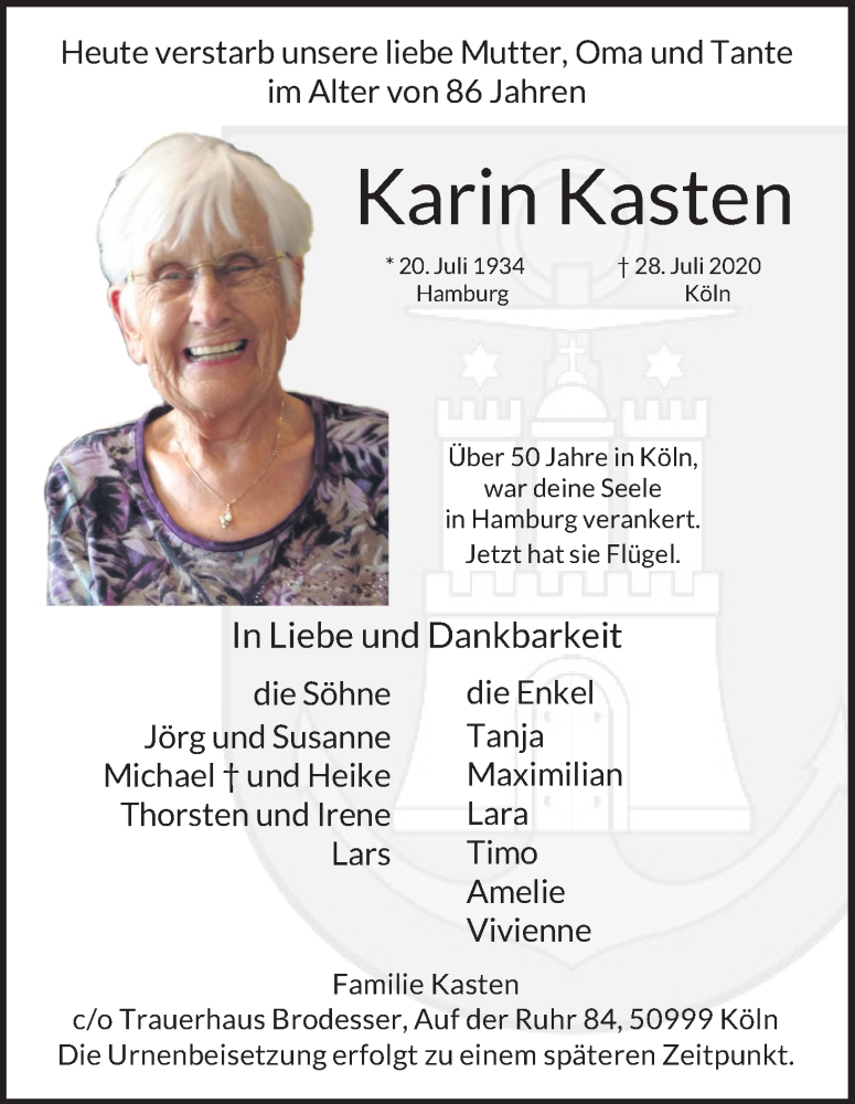  Traueranzeige für Karin Kasten vom 01.08.2020 aus Kölner Stadt-Anzeiger / Kölnische Rundschau / Express