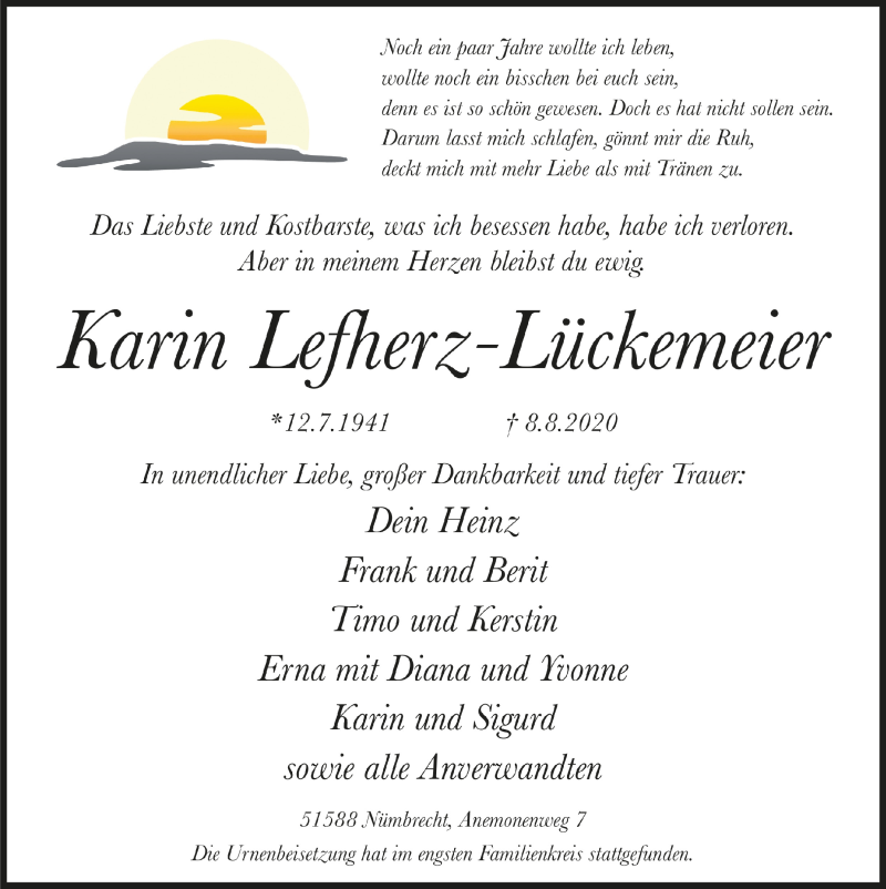  Traueranzeige für Karin Lefherz-Lückerneier vom 14.08.2020 aus  Lokalanzeiger 