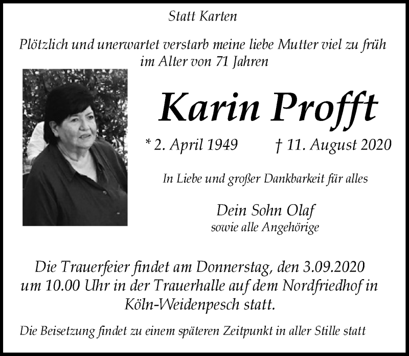  Traueranzeige für Karin Profft vom 28.08.2020 aus  Kölner Wochenspiegel 