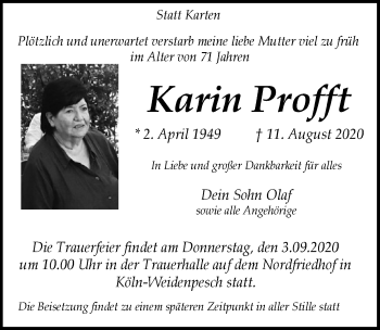 Anzeige von Karin Profft von  Kölner Wochenspiegel 