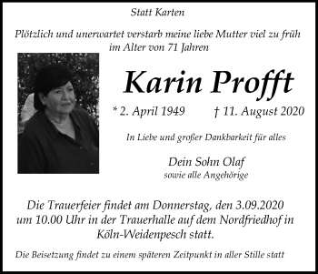 Anzeige von Karin Profft von Kölner Stadt-Anzeiger / Kölnische Rundschau / Express