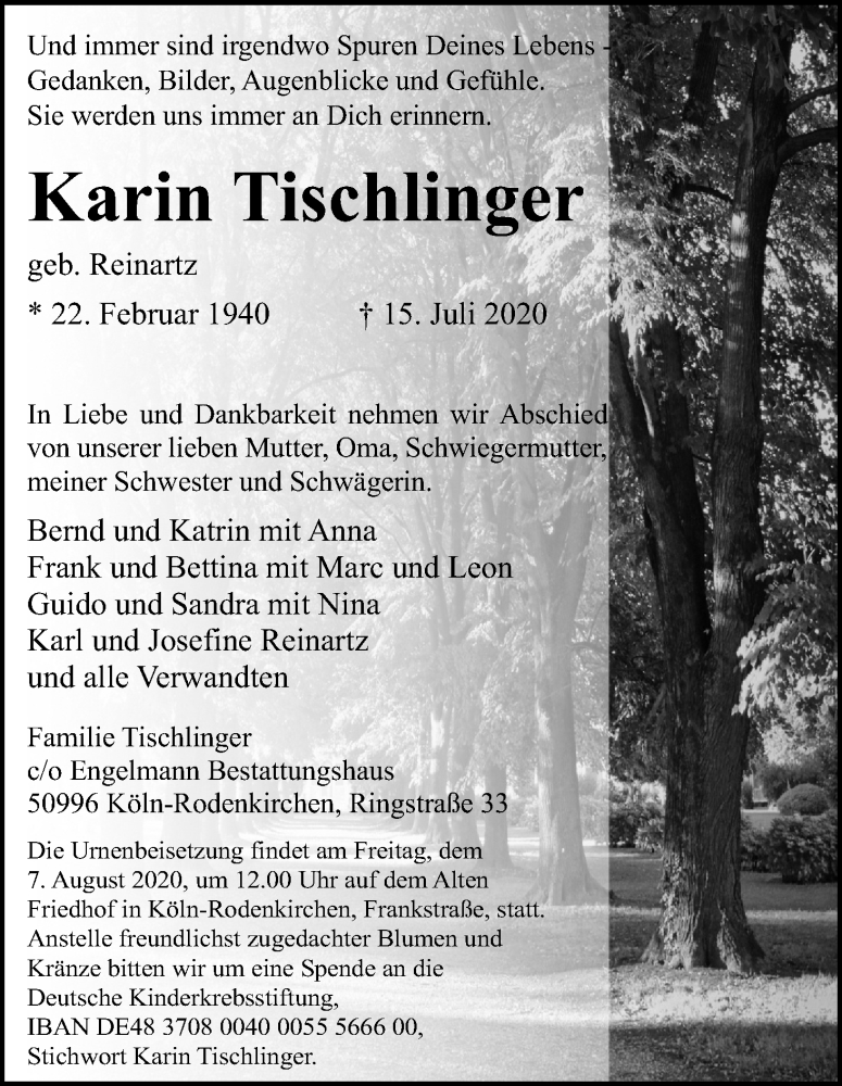  Traueranzeige für Karin Tischlinger vom 01.08.2020 aus Kölner Stadt-Anzeiger / Kölnische Rundschau / Express