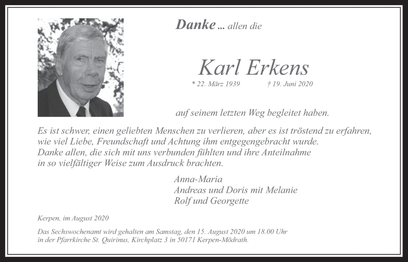  Traueranzeige für Karl Erkens vom 14.08.2020 aus  Werbepost 
