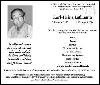Anzeige von Karl-Heinz Laßmann von Kölner Stadt-Anzeiger / Kölnische Rundschau / Express