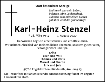Anzeige von Karl-Heinz Stenzel von Kölner Stadt-Anzeiger / Kölnische Rundschau / Express