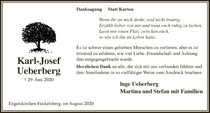  Traueranzeige für Karl-Josef Ueberberg vom 07.08.2020 aus  Anzeigen Echo 