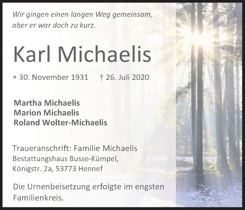  Traueranzeige für Karl Michaelis vom 08.08.2020 aus Kölner Stadt-Anzeiger / Kölnische Rundschau / Express