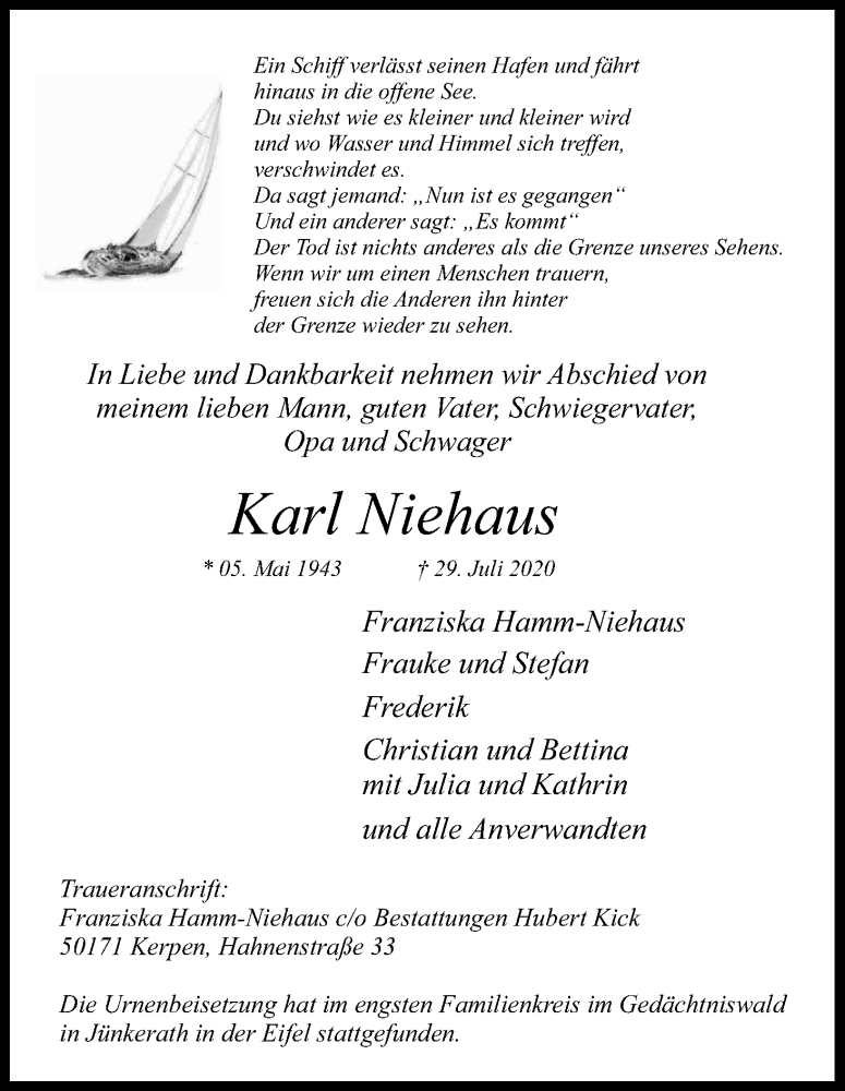  Traueranzeige für Karl Niehaus vom 08.08.2020 aus Kölner Stadt-Anzeiger / Kölnische Rundschau / Express