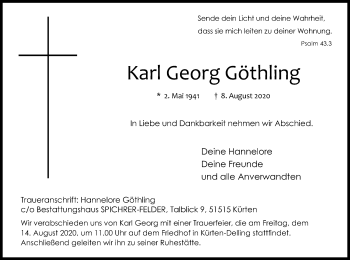 Anzeige von Karl Georg Göthling von Kölner Stadt-Anzeiger / Kölnische Rundschau / Express