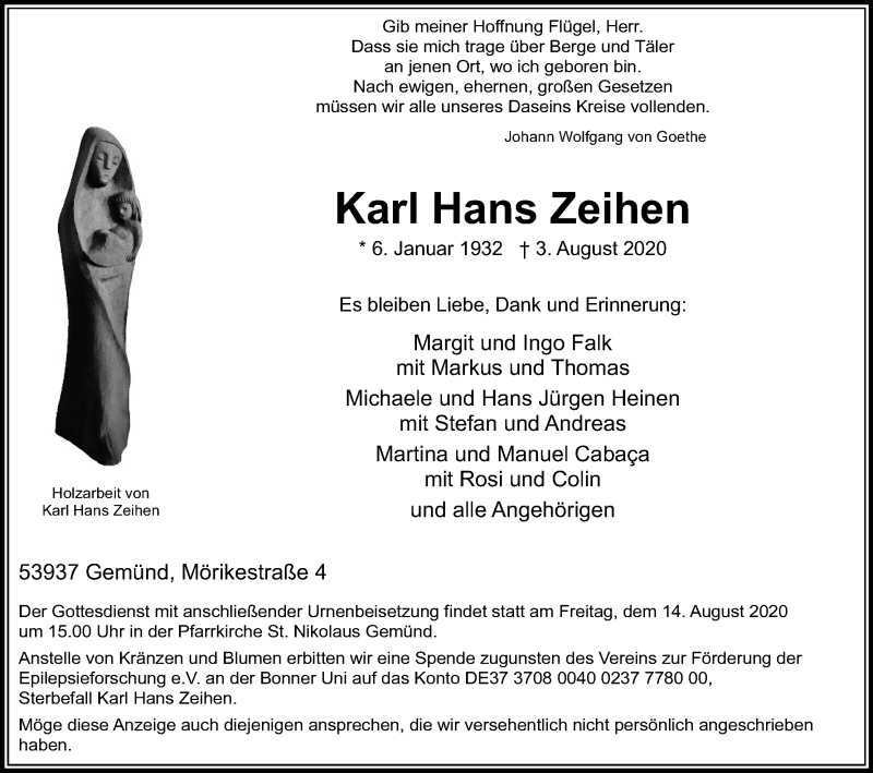  Traueranzeige für Karl Hans Zeihen vom 08.08.2020 aus Kölner Stadt-Anzeiger / Kölnische Rundschau / Express