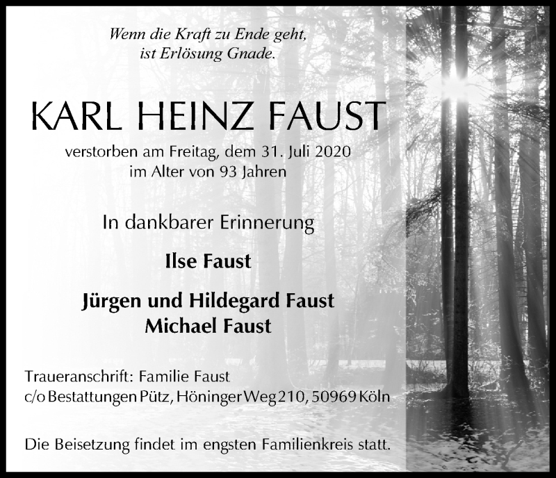  Traueranzeige für Karl Heinz Faust vom 15.08.2020 aus Kölner Stadt-Anzeiger / Kölnische Rundschau / Express