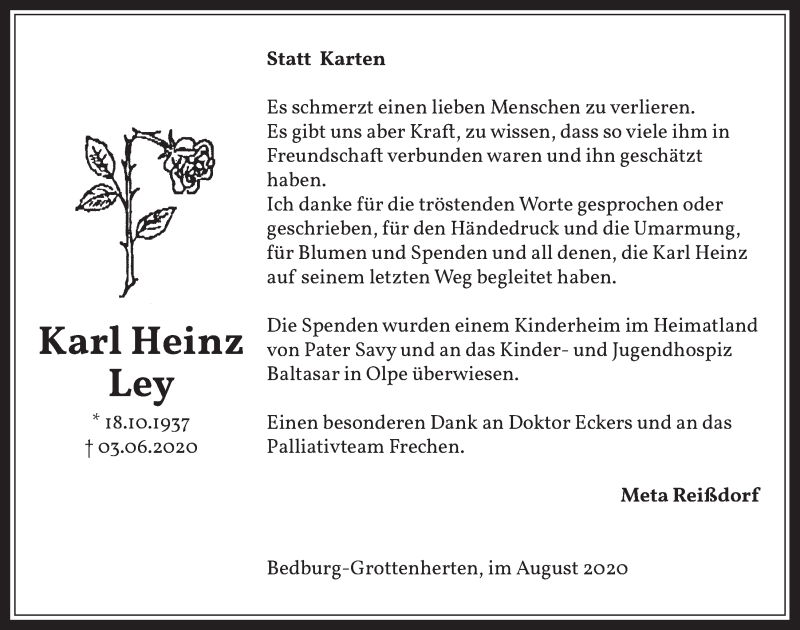  Traueranzeige für Karl Heinz Ley vom 07.08.2020 aus  Werbepost 