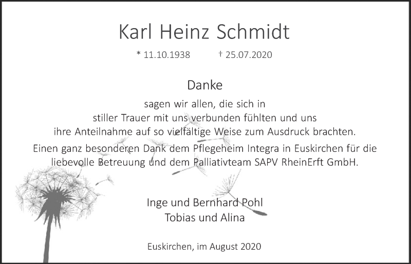  Traueranzeige für Karl Heinz Schmidt vom 22.08.2020 aus  Blickpunkt Euskirchen 