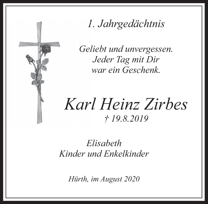  Traueranzeige für Karl Heinz Zirbes vom 14.08.2020 aus  Wochenende 