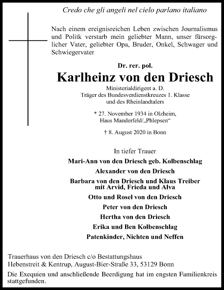  Traueranzeige für Karlheinz von den Driesch vom 22.08.2020 aus Kölner Stadt-Anzeiger / Kölnische Rundschau / Express