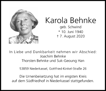 Anzeige von Karola Behnke von Kölner Stadt-Anzeiger / Kölnische Rundschau / Express