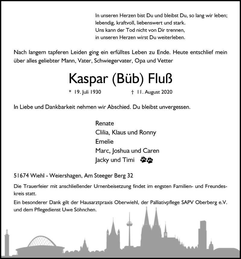  Traueranzeige für Kaspar Fluß vom 21.08.2020 aus  Anzeigen Echo 