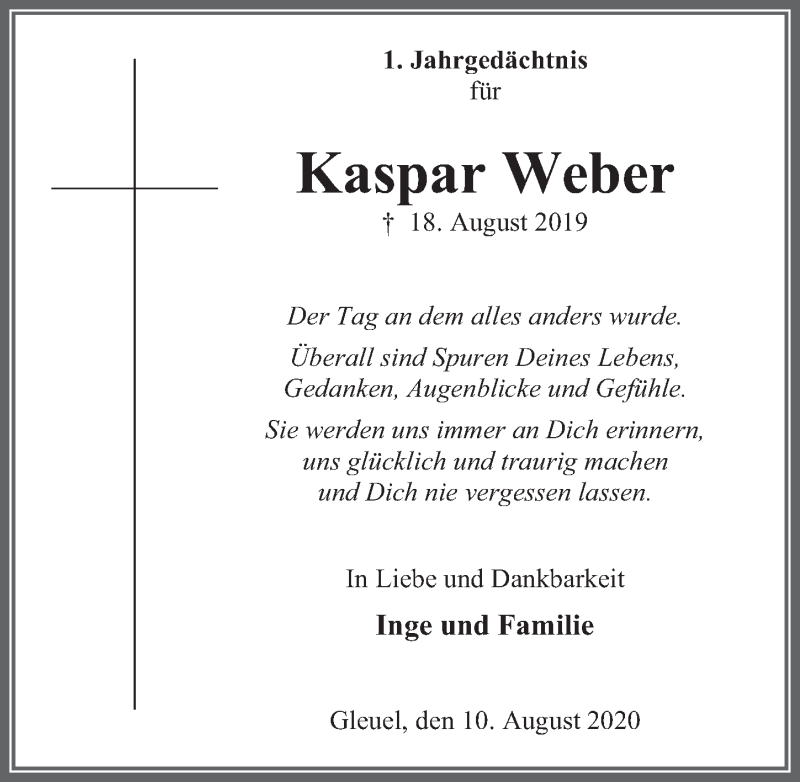  Traueranzeige für Kaspar Weber vom 14.08.2020 aus  Wochenende 