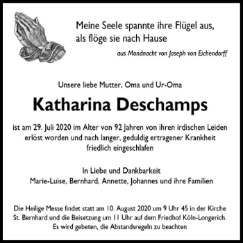 Anzeige von Katharina Deschamps von Kölner Stadt-Anzeiger / Kölnische Rundschau / Express
