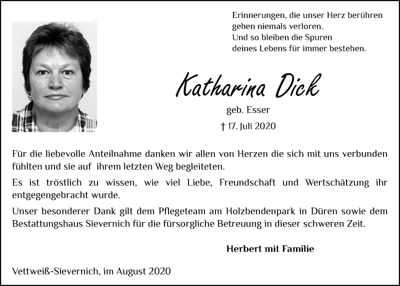  Traueranzeige für Katharina Dick vom 29.08.2020 aus  Blickpunkt Euskirchen 