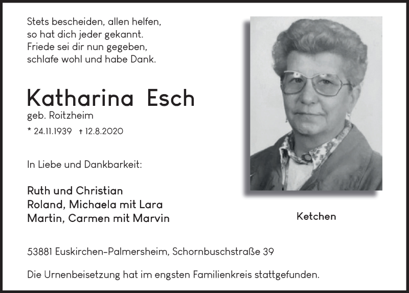  Traueranzeige für Katharina Esch vom 29.08.2020 aus  Blickpunkt Euskirchen 