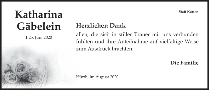  Traueranzeige für Katharina Gäbelein vom 07.08.2020 aus  Wochenende 