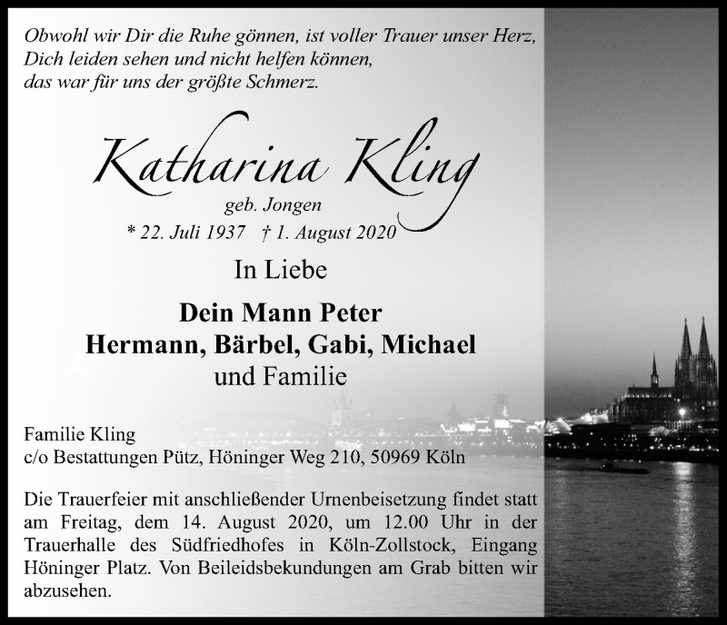  Traueranzeige für Katharina Kling vom 08.08.2020 aus Kölner Stadt-Anzeiger / Kölnische Rundschau / Express