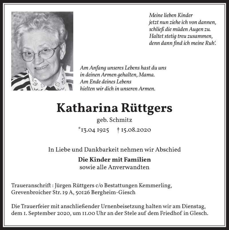  Traueranzeige für Katharina Rüttgers vom 28.08.2020 aus  Werbepost 