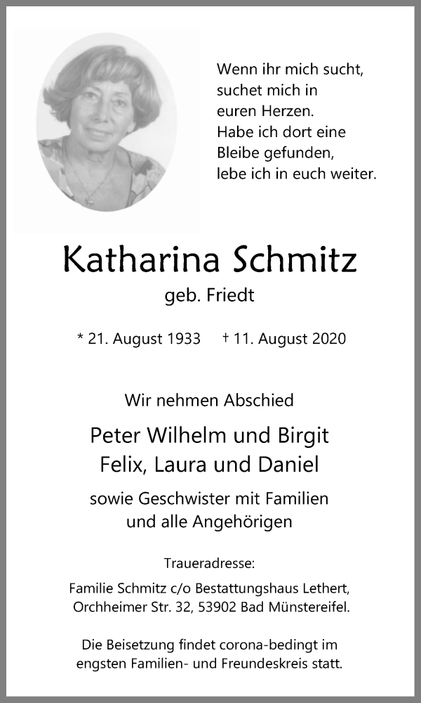  Traueranzeige für Katharina Schmitz vom 15.08.2020 aus Kölner Stadt-Anzeiger / Kölnische Rundschau / Express