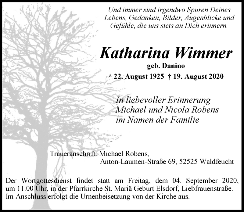  Traueranzeige für Katharina Wimmer vom 28.08.2020 aus  Werbepost 