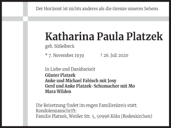 Anzeige von Katharina Paula Platzek von Kölner Stadt-Anzeiger / Kölnische Rundschau / Express