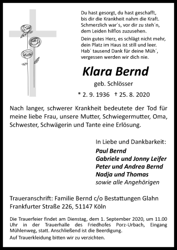 Anzeige von Klara Bernd von  Kölner Wochenspiegel 