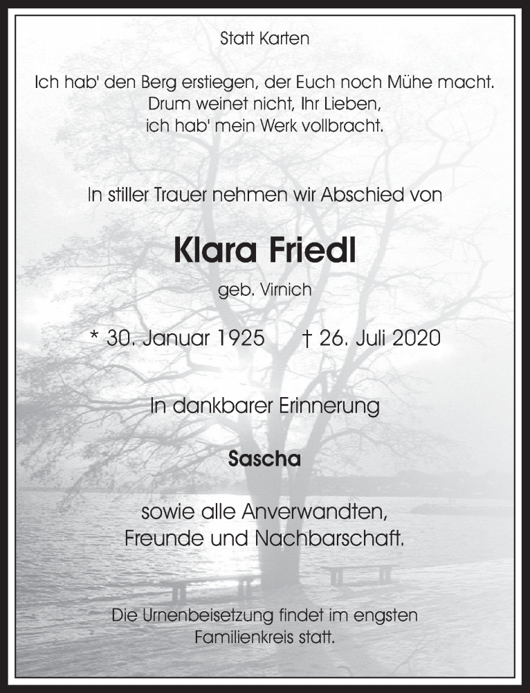  Traueranzeige für Klara Friedl vom 07.08.2020 aus  Werbepost 