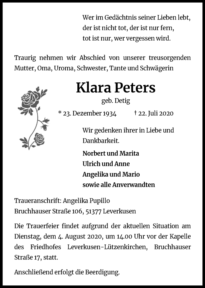  Traueranzeige für Klara Peters vom 01.08.2020 aus Kölner Stadt-Anzeiger / Kölnische Rundschau / Express