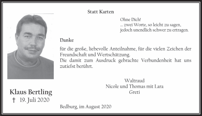 Traueranzeige für Klaus Bertling vom 28.08.2020 aus  Werbepost 