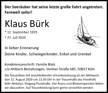 Anzeige von Klaus Bürk von Kölner Stadt-Anzeiger / Kölnische Rundschau / Express