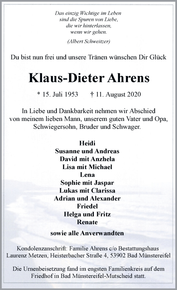  Traueranzeige für Klaus-Dieter Ahrens vom 29.08.2020 aus  Blickpunkt Euskirchen 