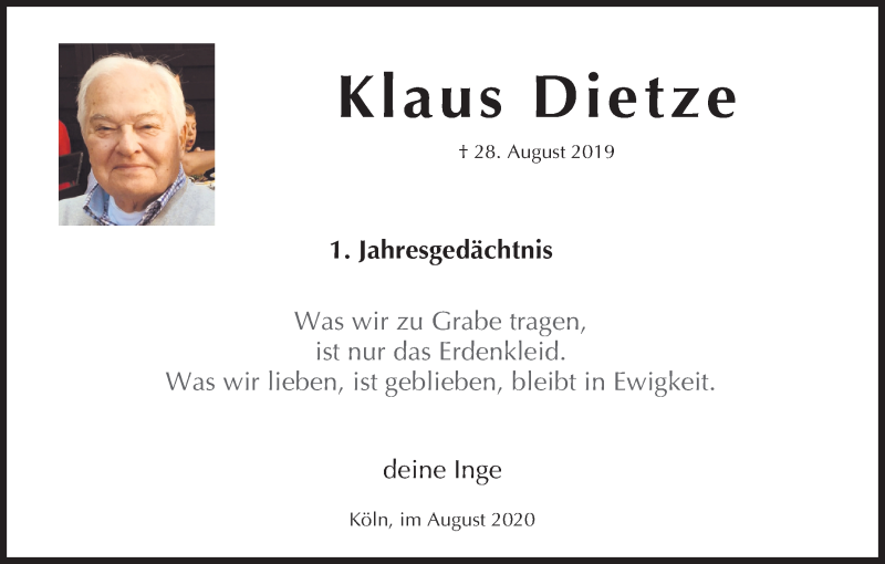  Traueranzeige für Klaus Dietze vom 28.08.2020 aus Kölner Stadt-Anzeiger / Kölnische Rundschau / Express