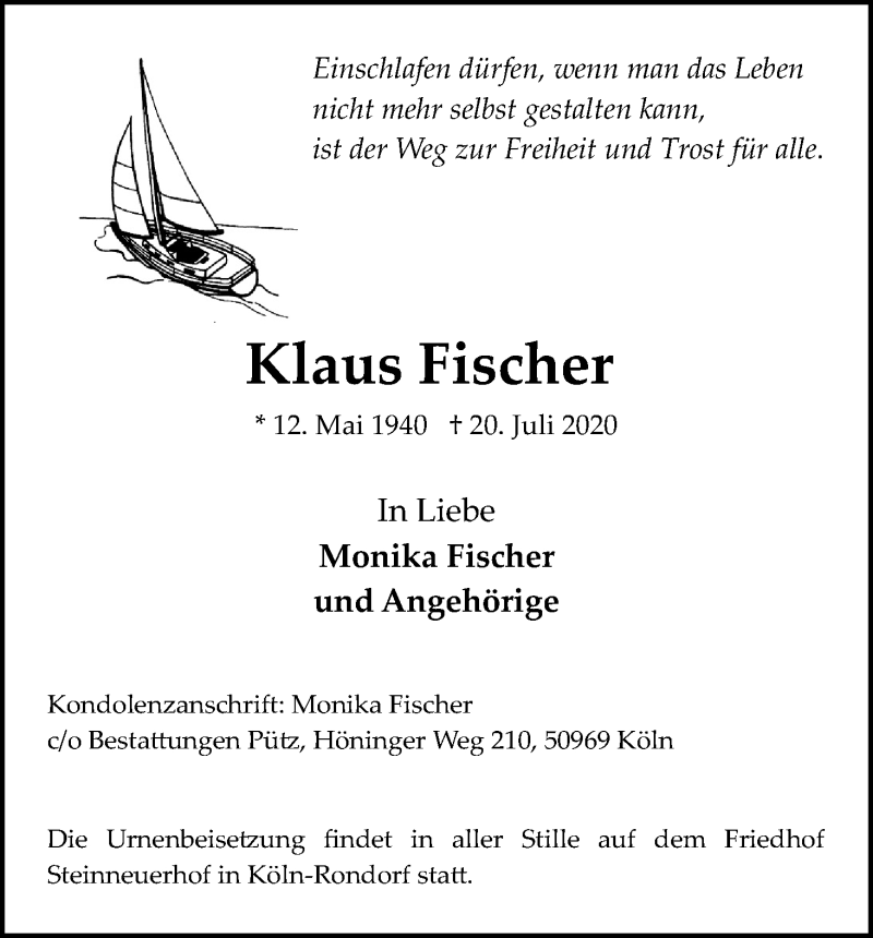  Traueranzeige für Klaus Fischer vom 01.08.2020 aus Kölner Stadt-Anzeiger / Kölnische Rundschau / Express