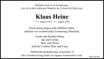 Anzeige von Klaus Heine von Kölner Stadt-Anzeiger / Kölnische Rundschau / Express