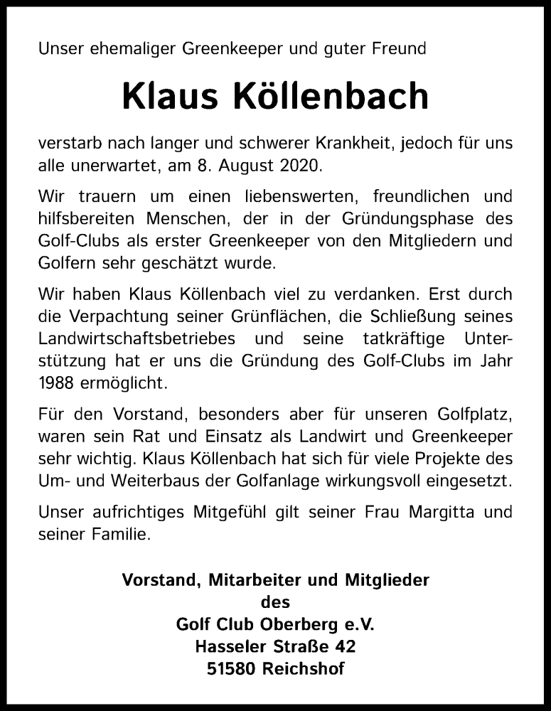  Traueranzeige für Klaus Köllenbach vom 15.08.2020 aus Kölner Stadt-Anzeiger / Kölnische Rundschau / Express
